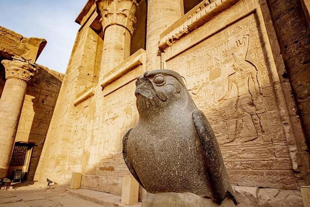 una estàtua d'un ocell assegut davant d'un edifici