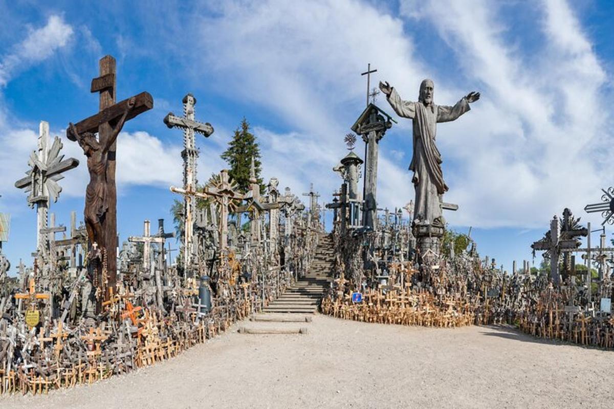 en stor kirkegård med kors og en statue