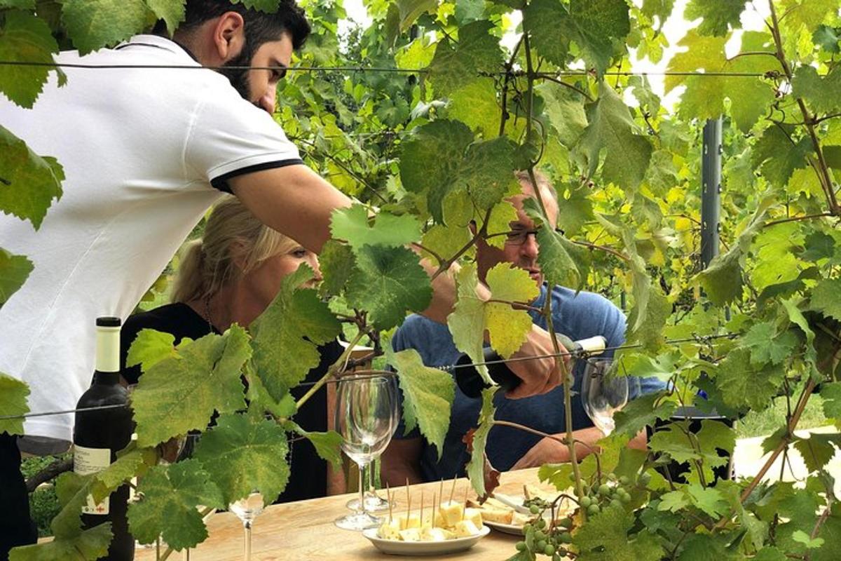 un uomo in piedi davanti a un grappolo d'uva