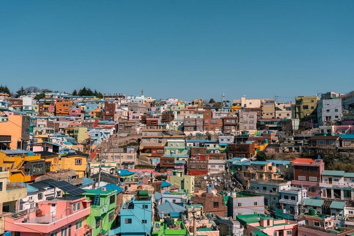 a view of a city with colorful buildings