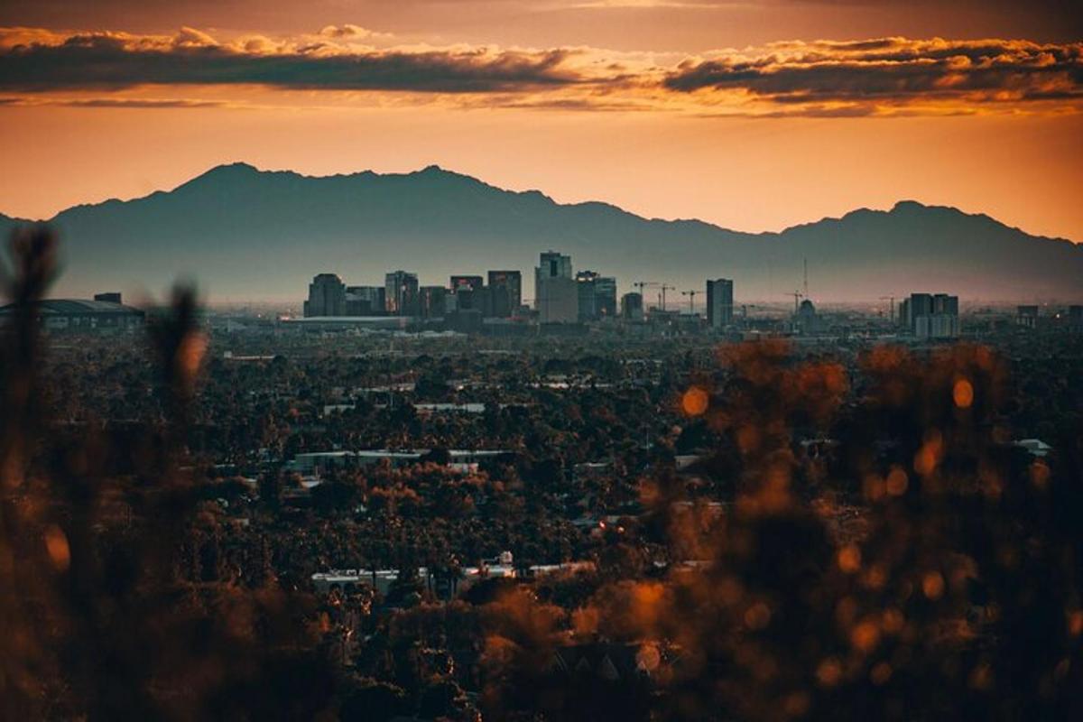 a view of a city with mountains in the background