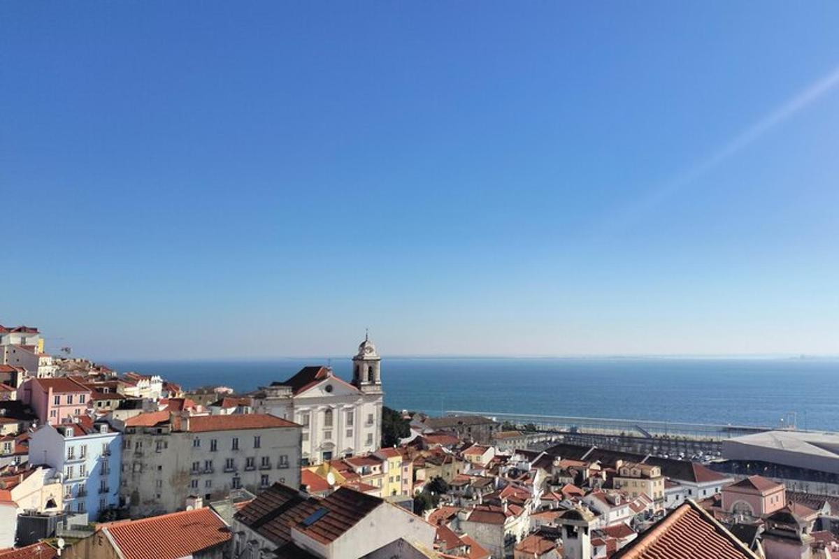 pohled na město s oceánem v pozadí
