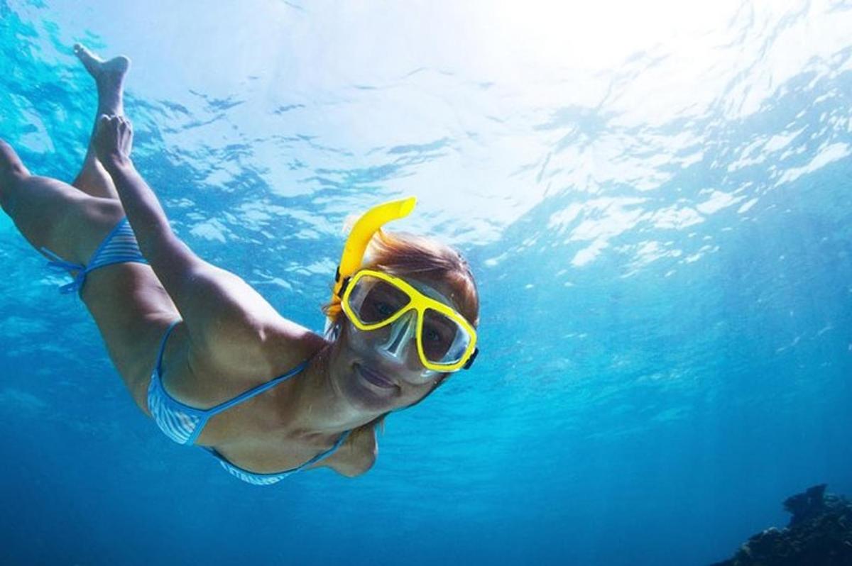 seorang wanita dengan pakaian renang dan kacamata renang berenang di air
