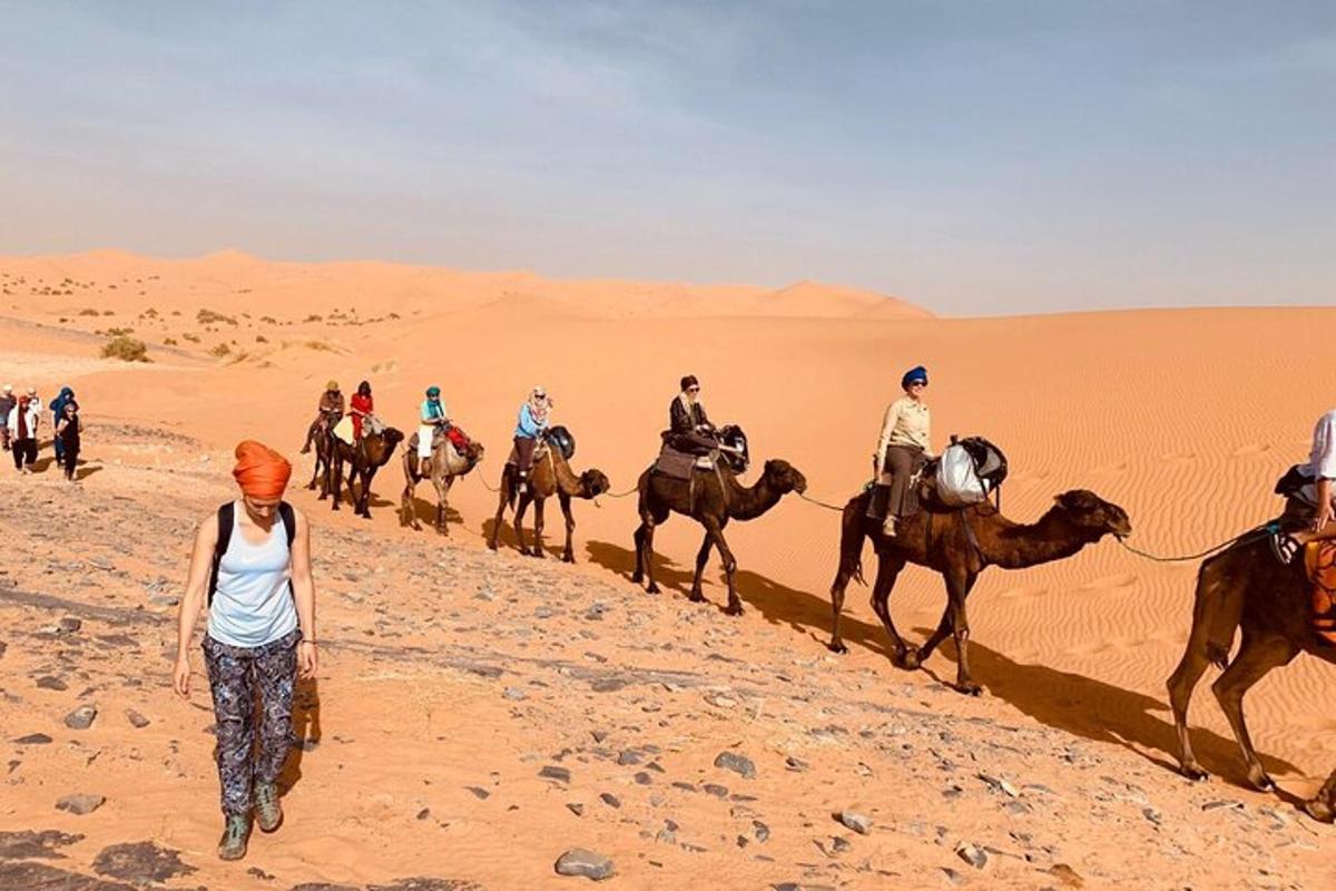 a group of people riding camels in the desert