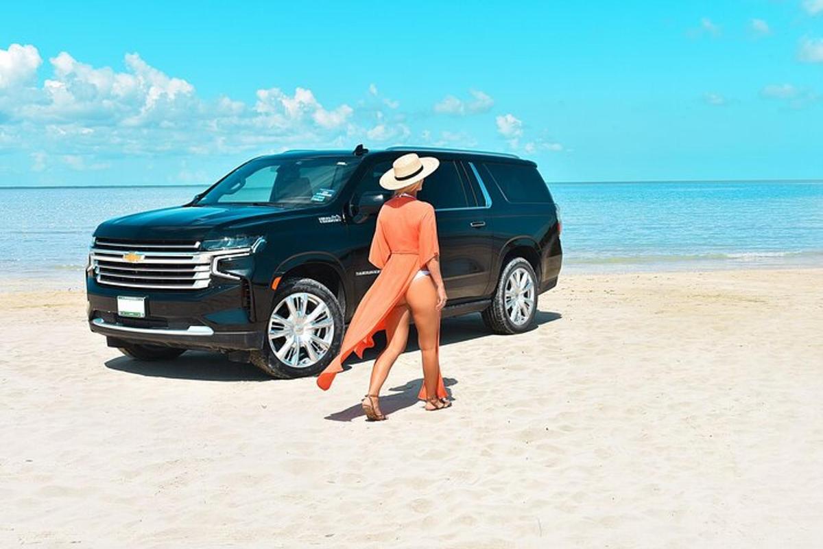 seorang wanita berdiri di pantai di sebelah trak hitam