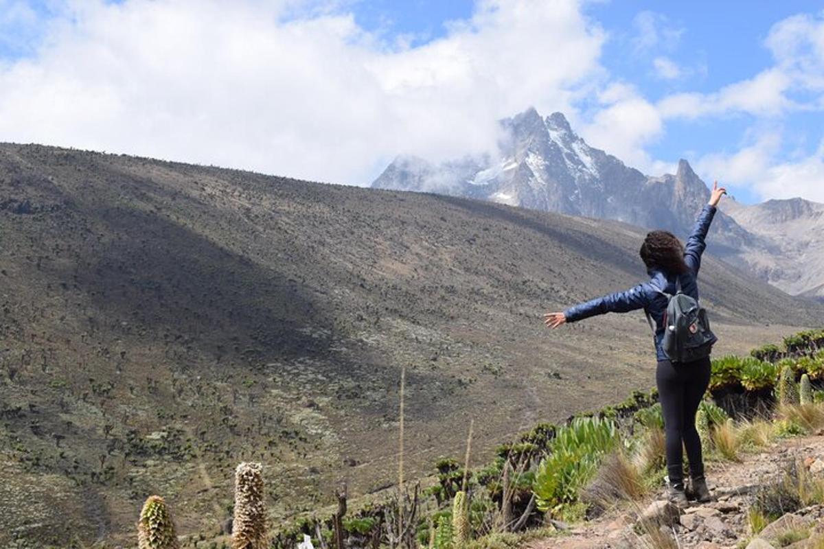 seorang wanita berdiri di atas gunung dengan tangan dihulurkan