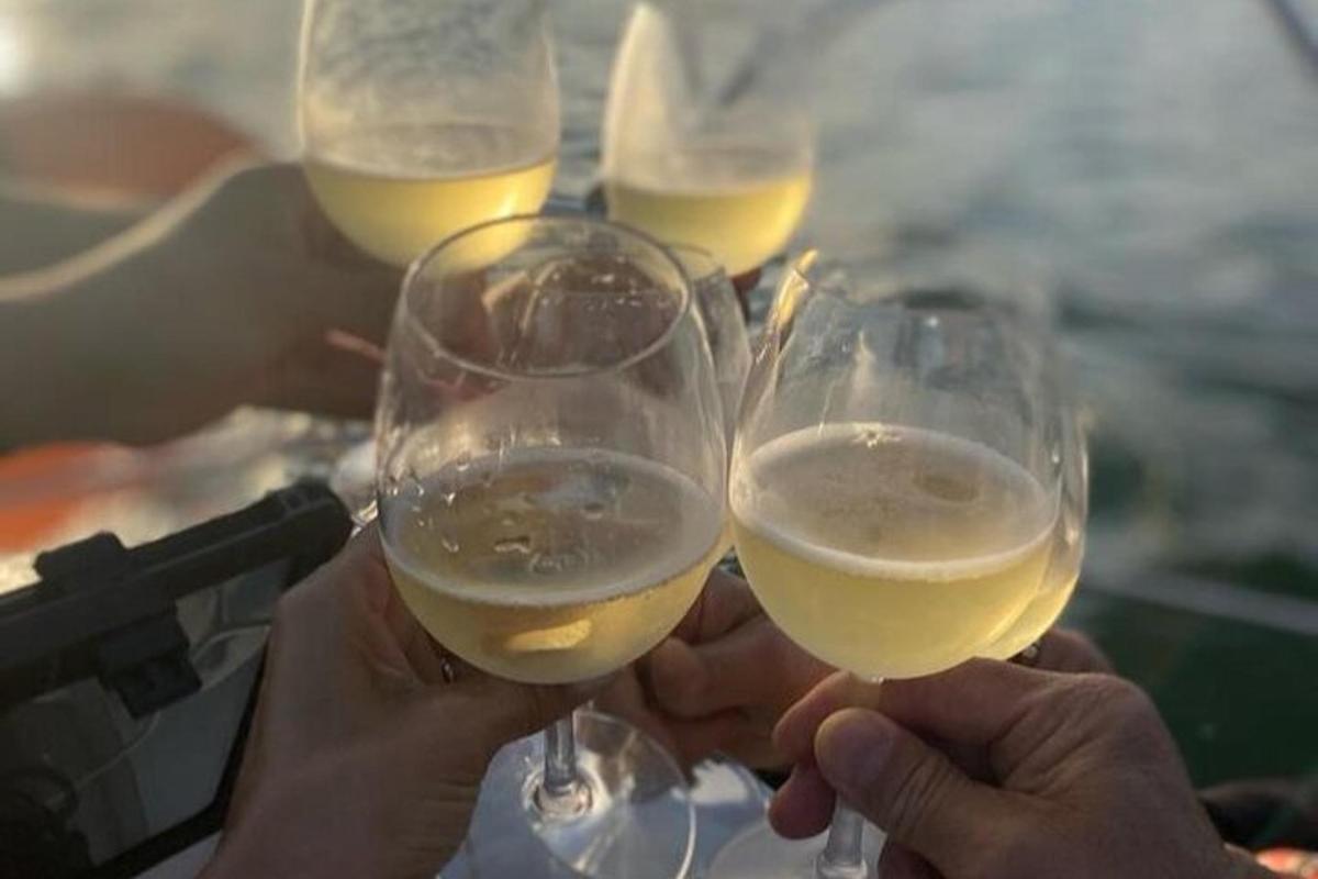 τέσσερα άτομα κρατούν ποτήρια λευκού κρασιού