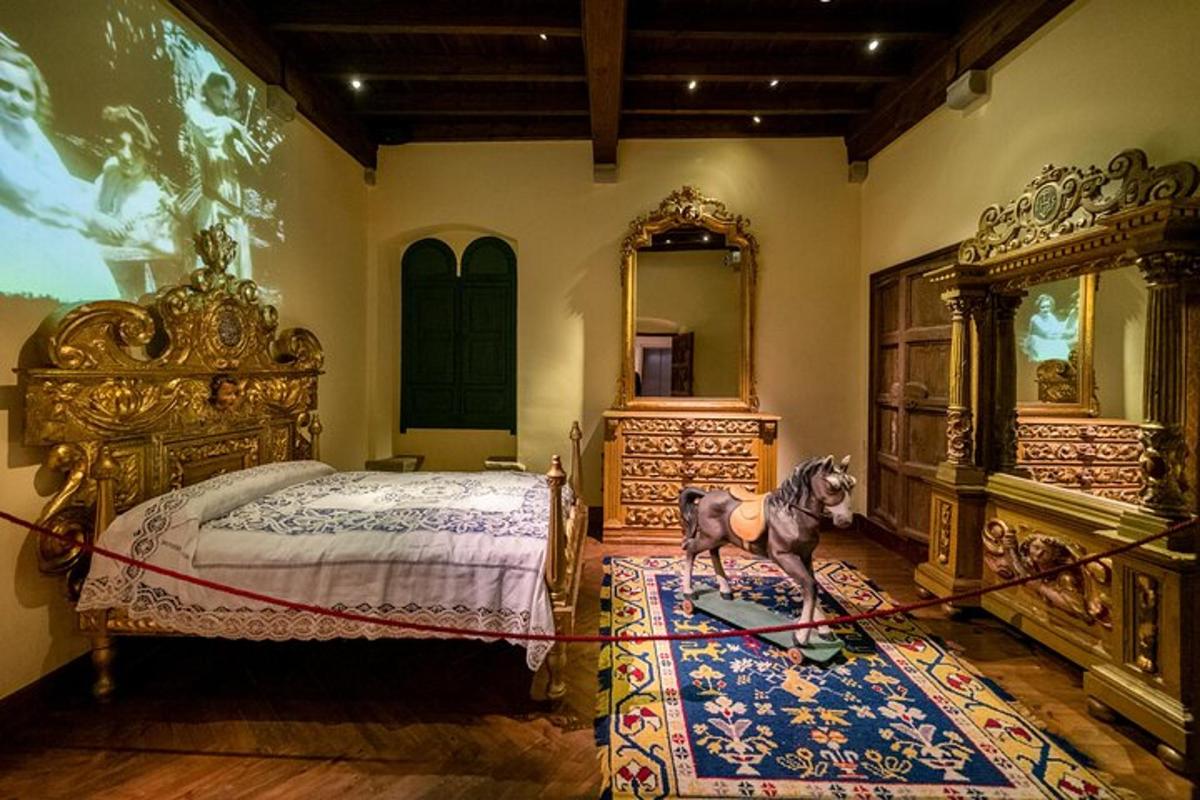 a horse is tied to a bed in a room