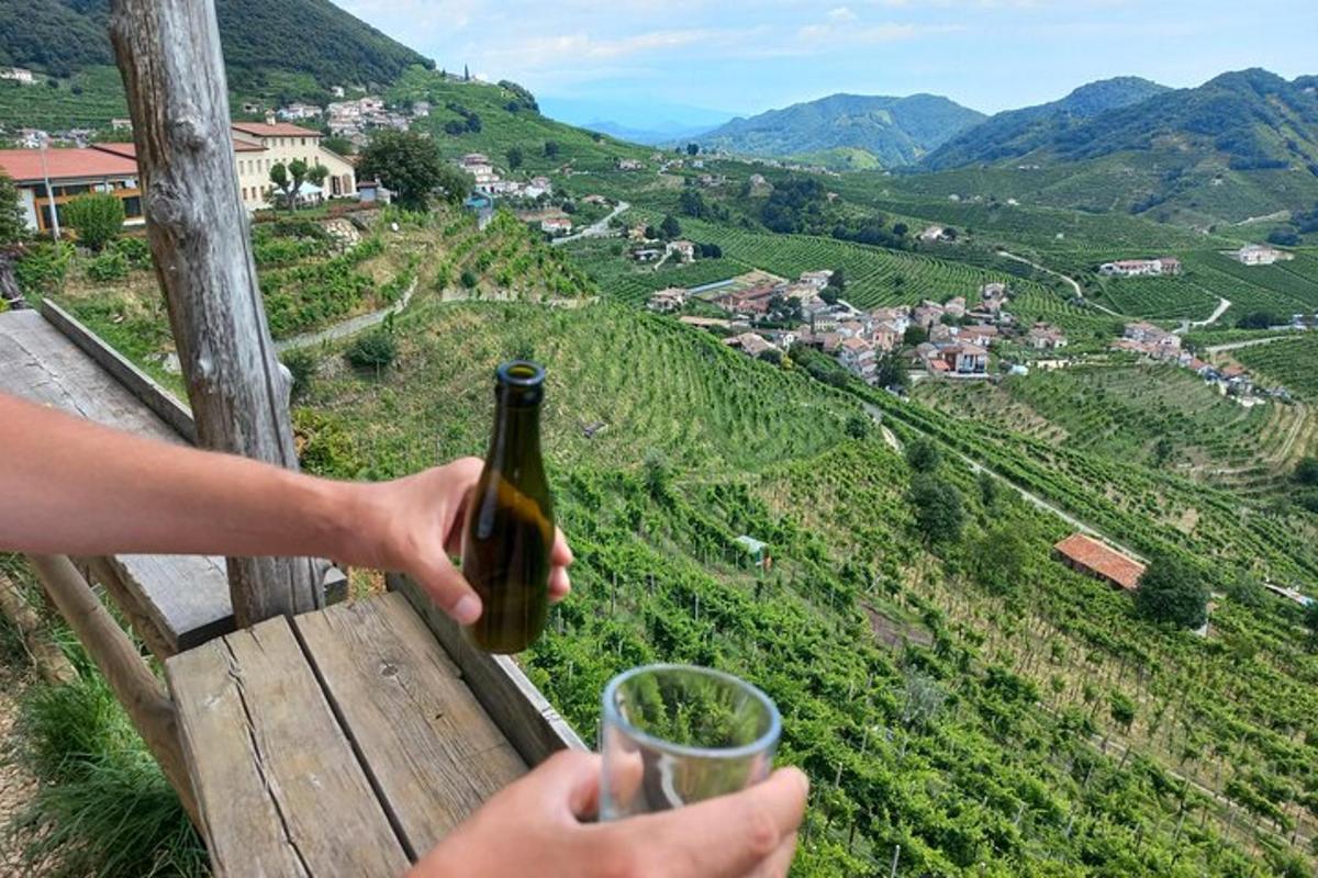 拿着一瓶酒和一杯酒的人