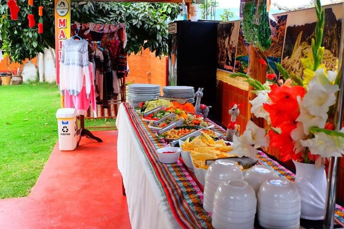 a buffet table with food and plates of food