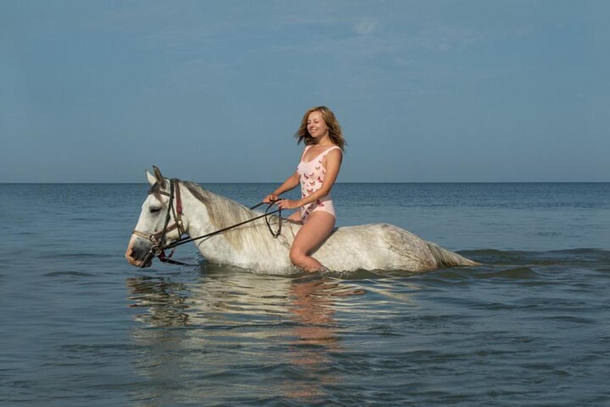 una donna in bikini a cavallo nell'oceano