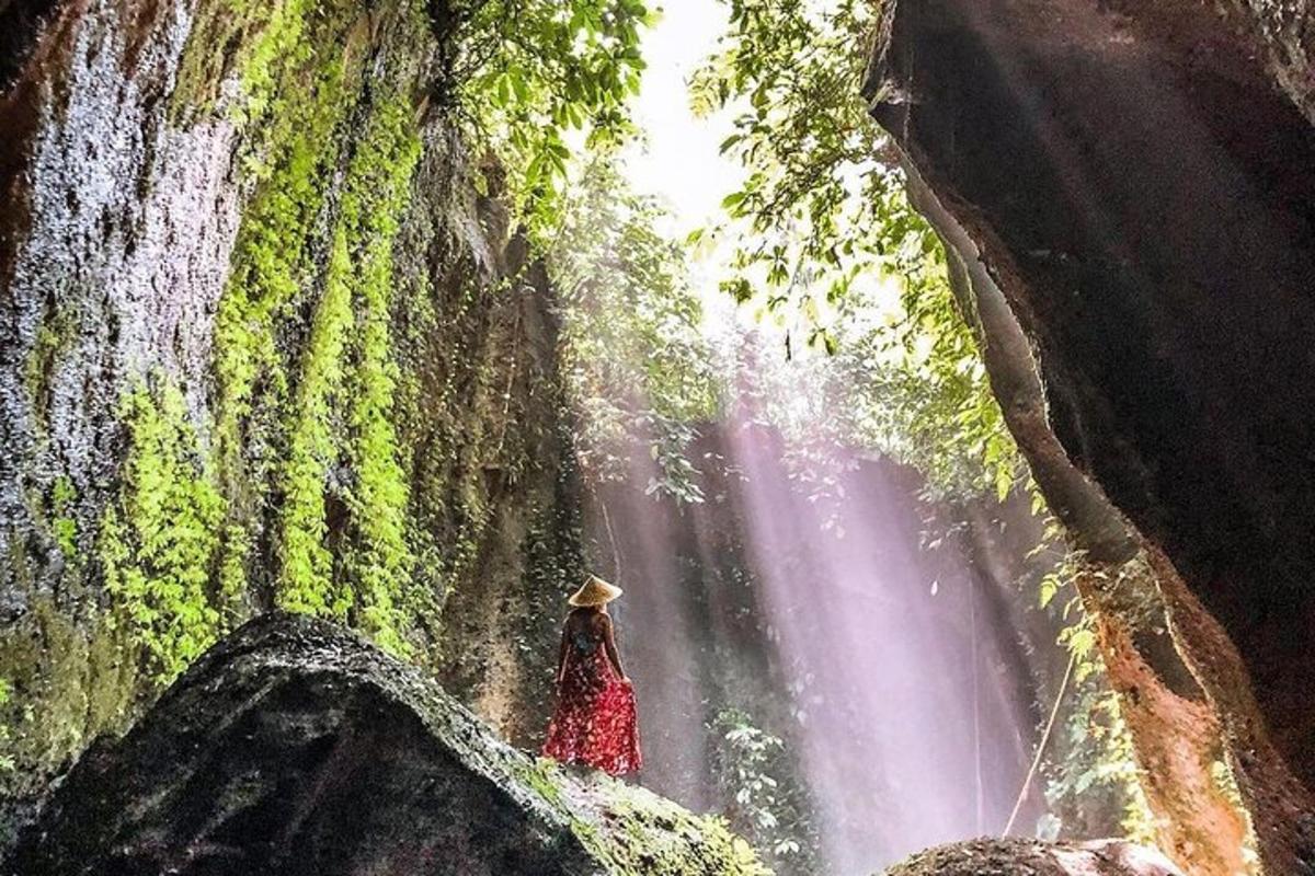 seorang wanita berpakaian merah berdiri di hadapan air terjun