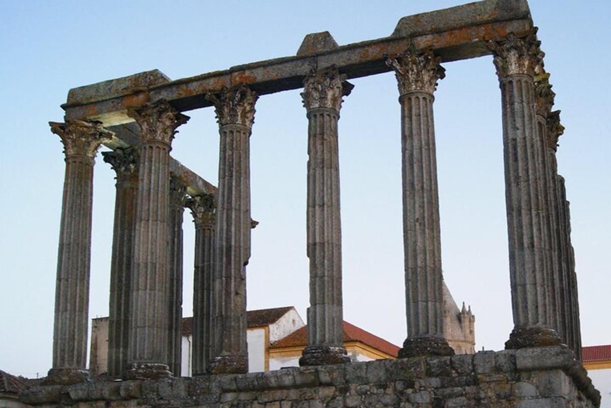 ένας αρχαίος ναός με κίονες μπροστά από ένα κτίριο