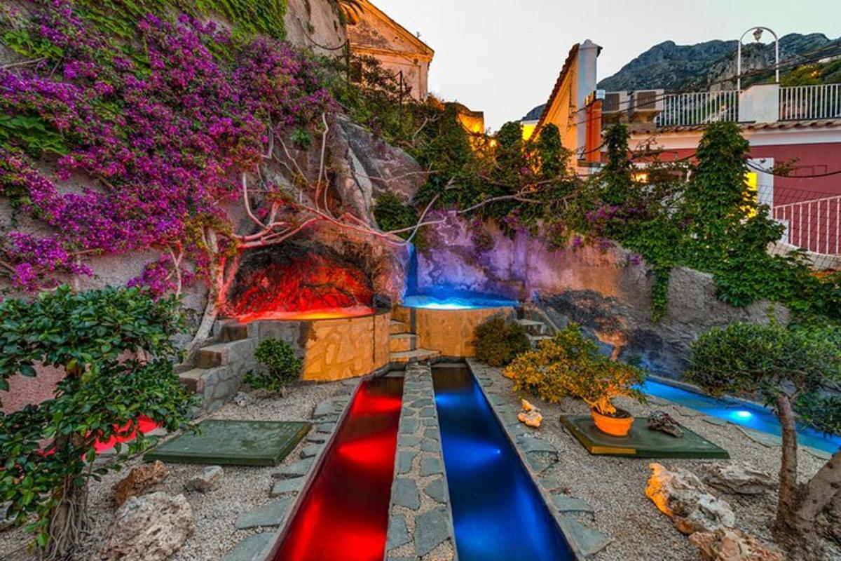 um jardim com luzes vermelhas e azuis em uma parede