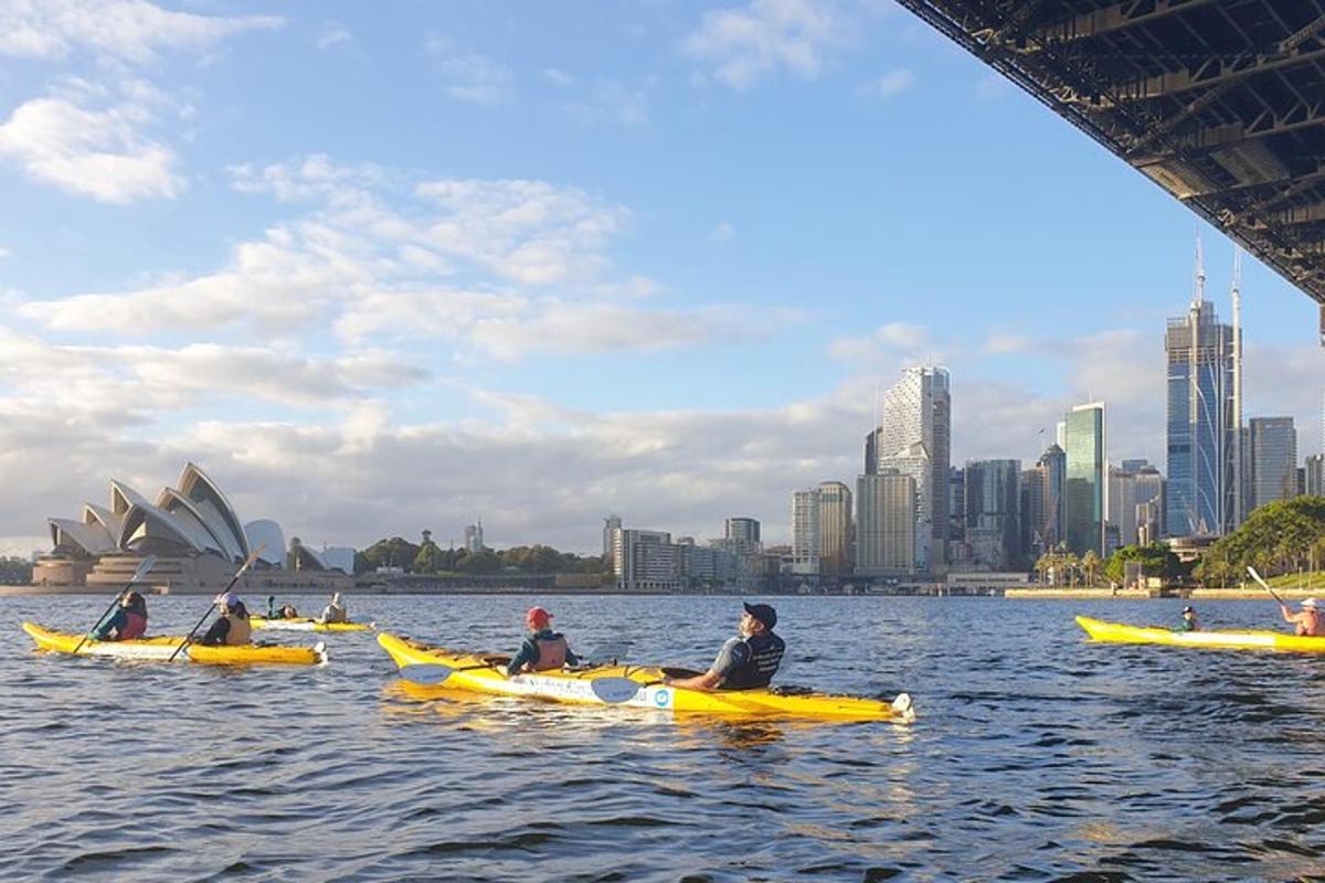Hópur fólks í kajökum í vatninu við Sydney borg