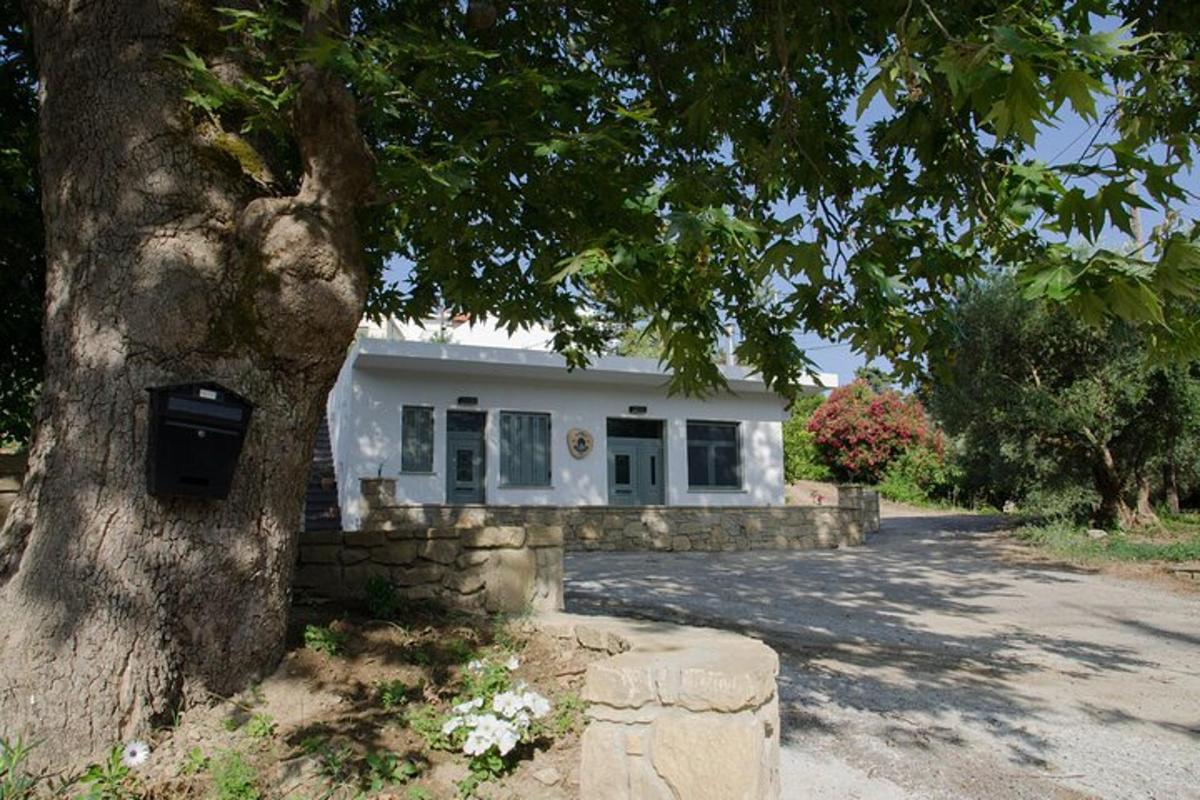 ένα λευκό σπίτι με ένα δέντρο μπροστά του