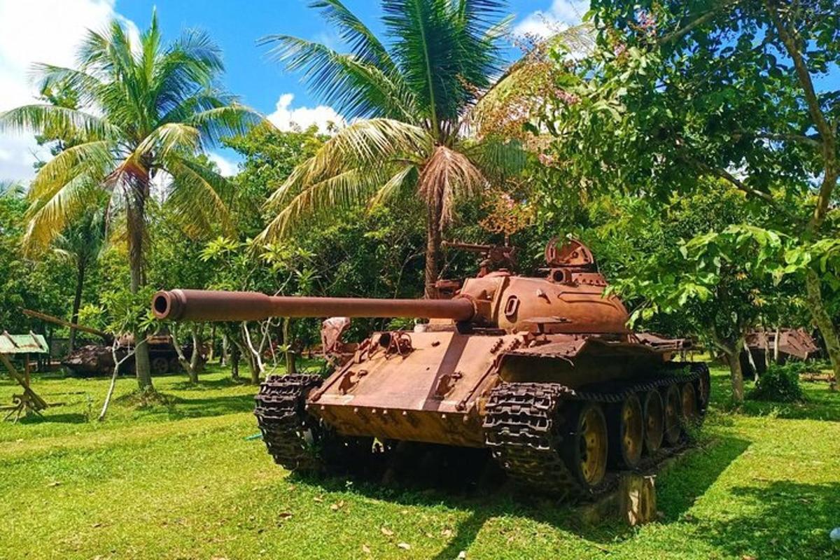 tank zaparkovaný na poli s palmami