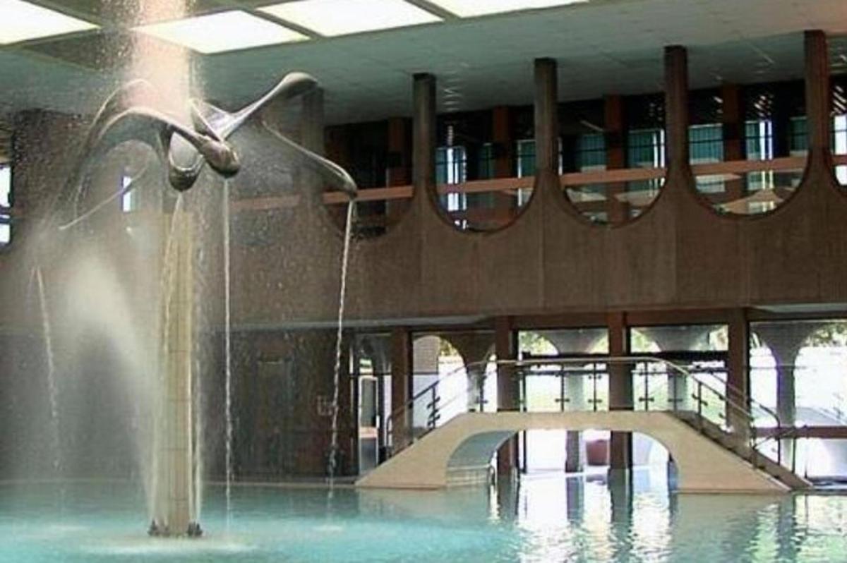 una fontana in un edificio con un uccello nell'acqua