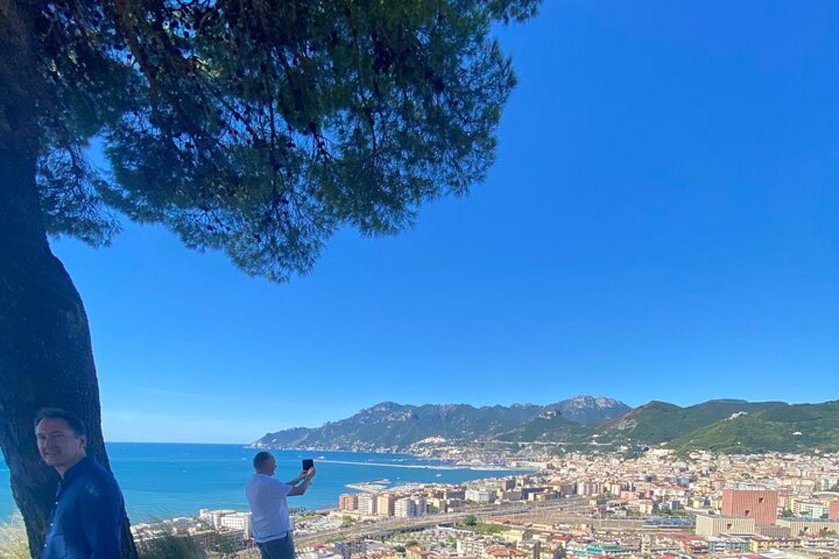 a man taking a picture of a city from a tree