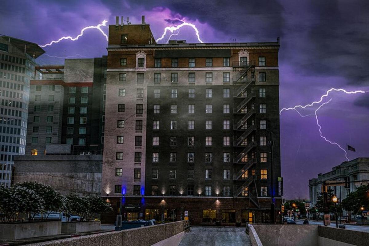 a building with lightning bolts on top of it
