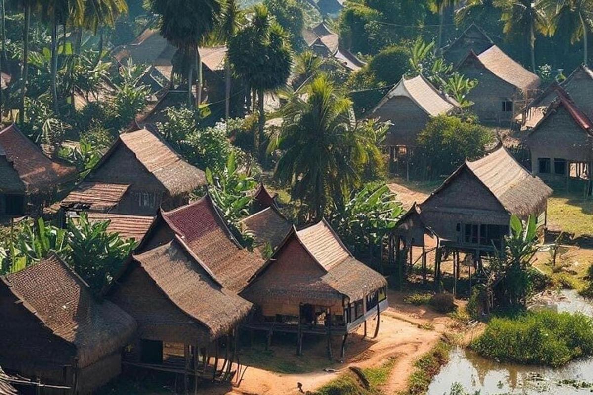 một góc nhìn từ trên không của một ngôi làng với những ngôi nhà và cây cối