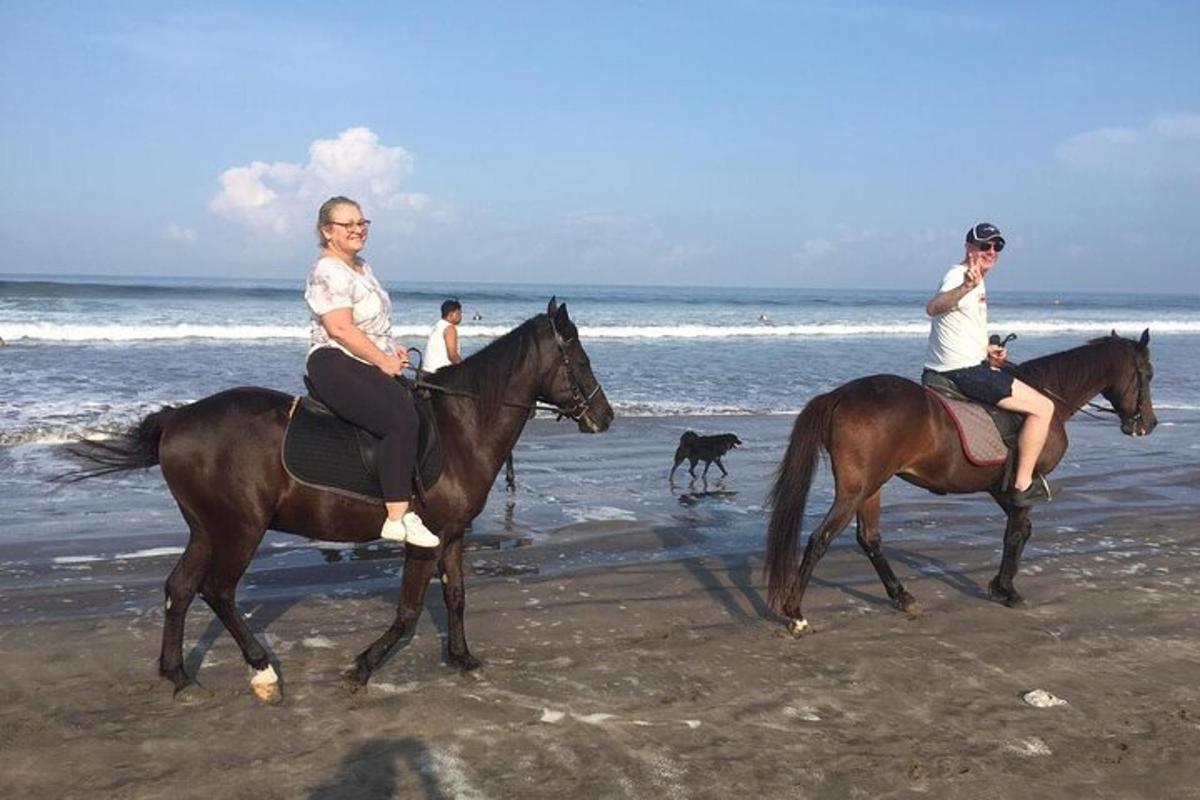 due persone a cavallo sulla spiaggia con un cane