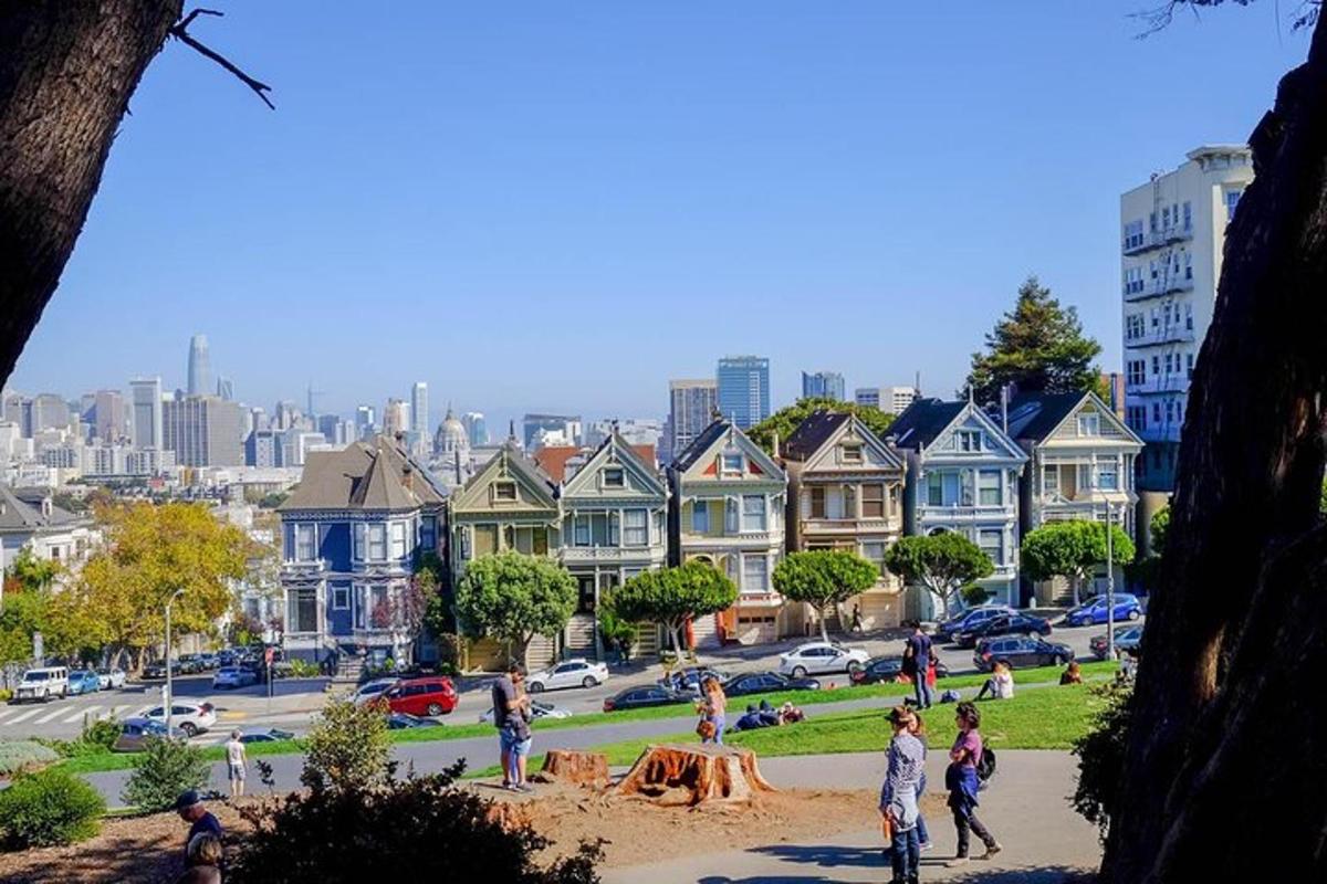a group of people in a park in a city