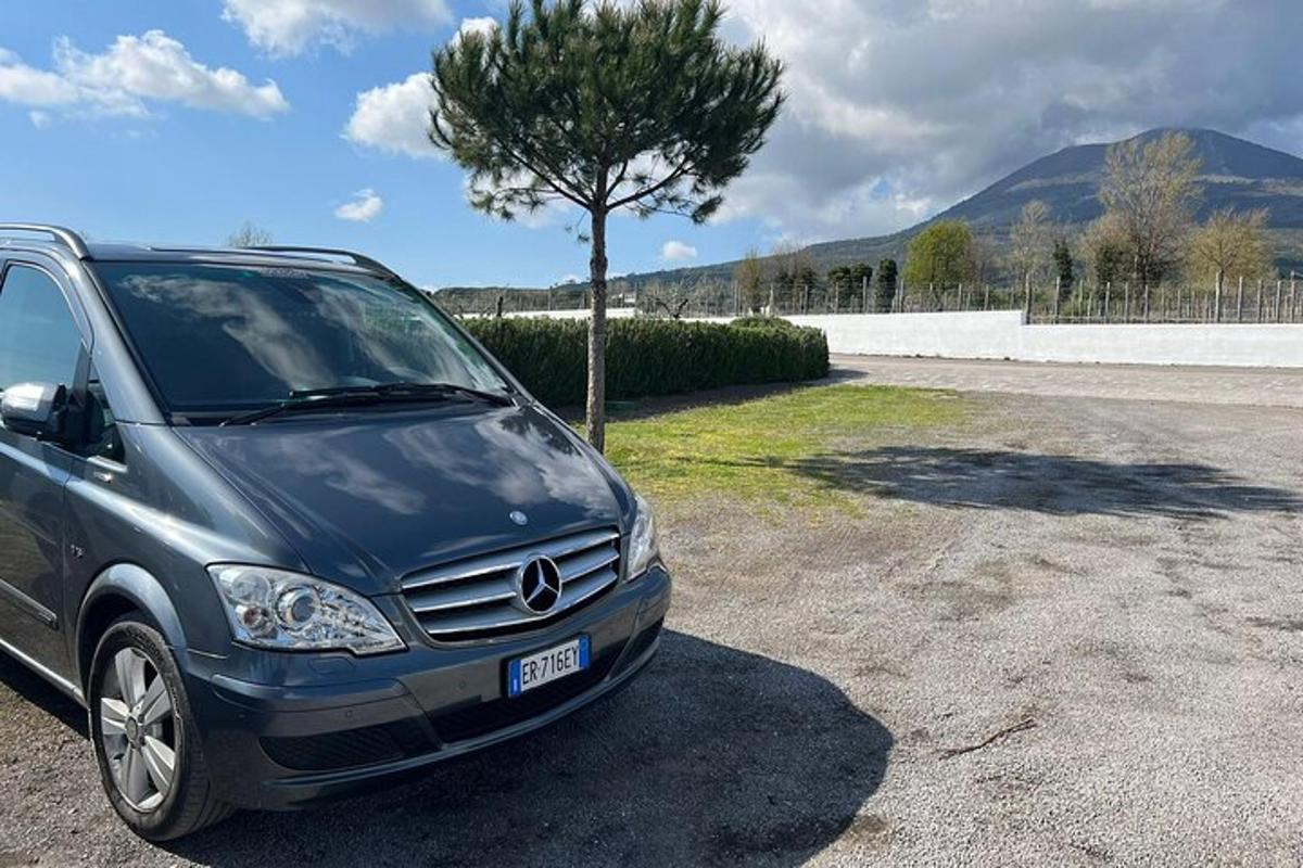 en bil parkert på en parkeringsplass ved siden av et tre