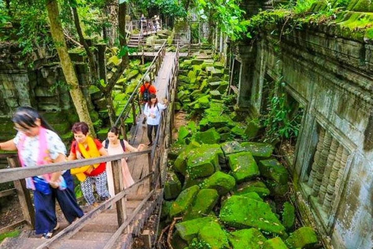 Un grupo de personas de pie en un puente en un zoológico.
