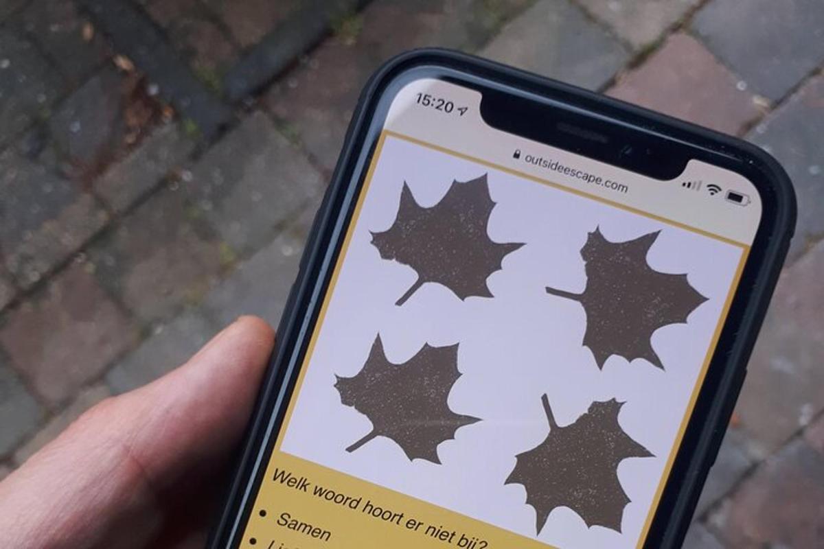 ruka držící mobilní telefon s nálepkou javorového listu