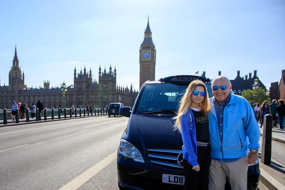 a man and woman standing next to a car in front of big ben