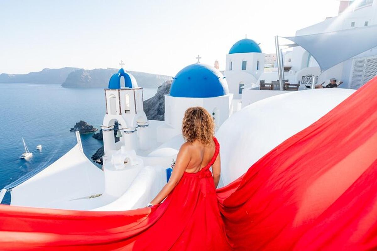 a woman in a red dress walking down a staircase on a cruise ship
