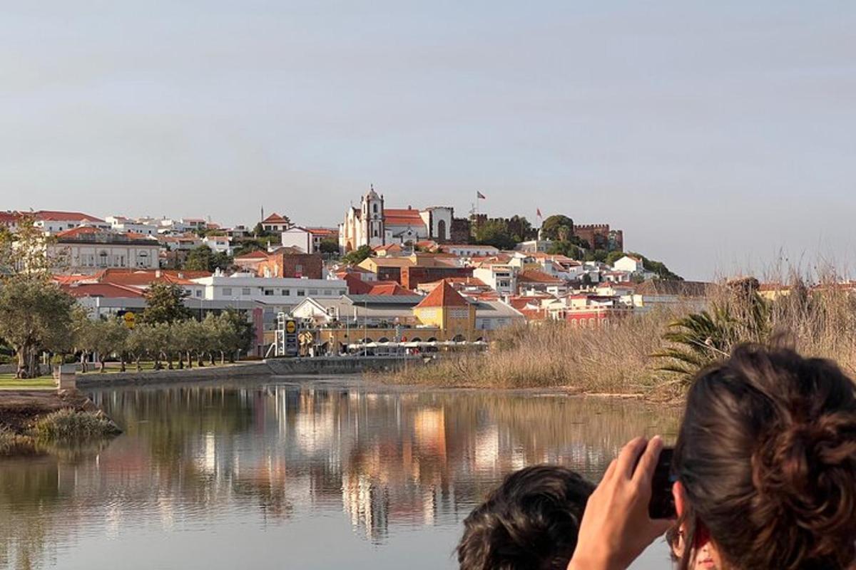 a woman taking a picture of a city and a body of water