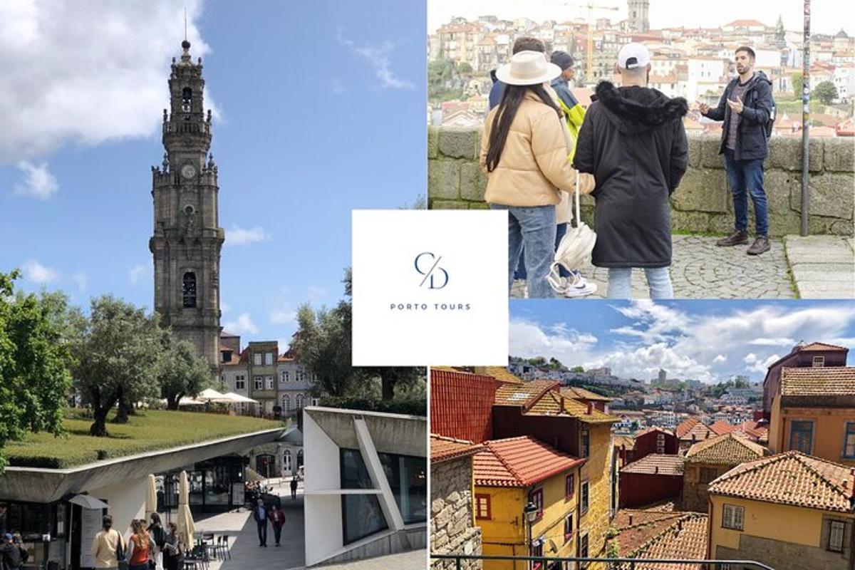 uma colagem de fotos com uma torre do relógio e edifícios