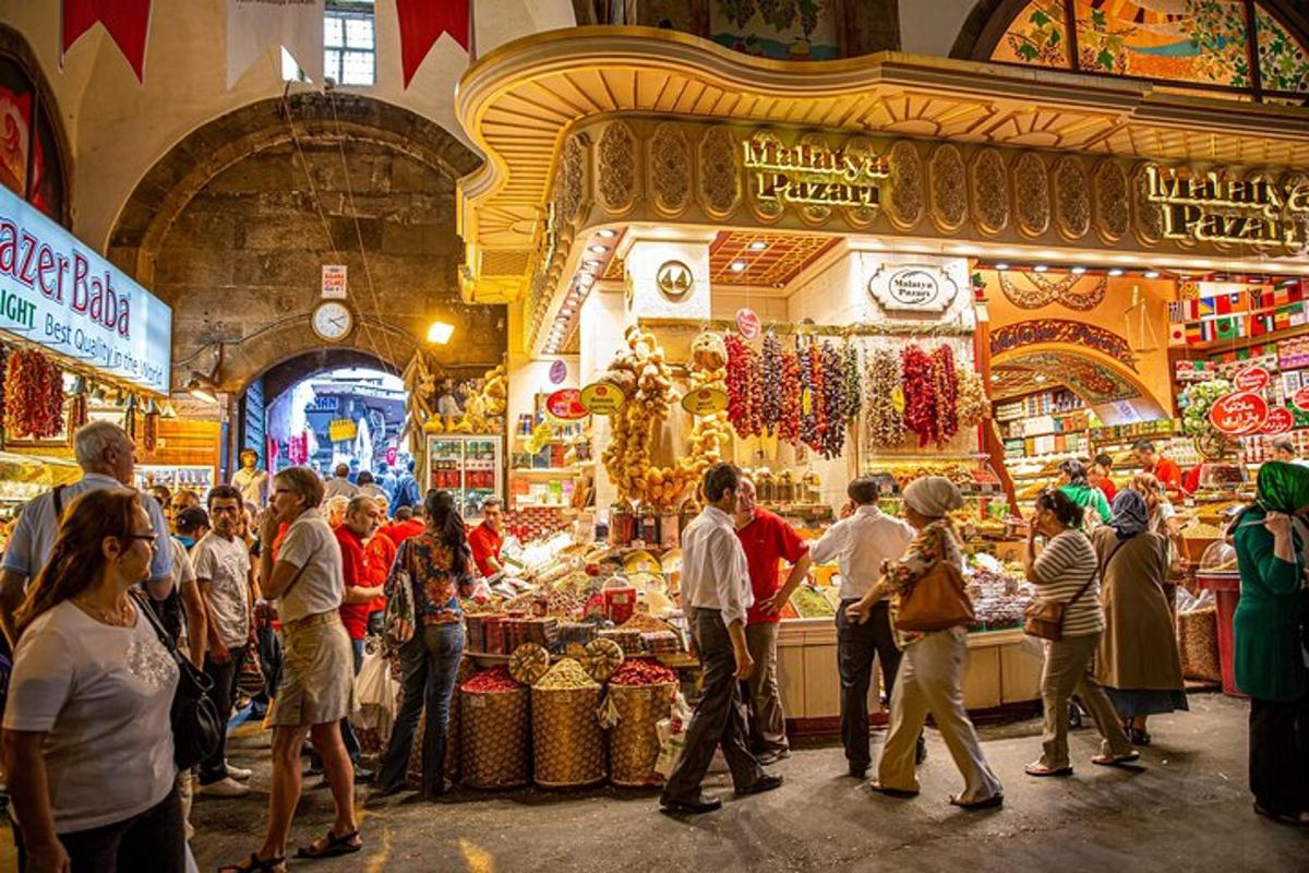 a group of people walking around a market in a store