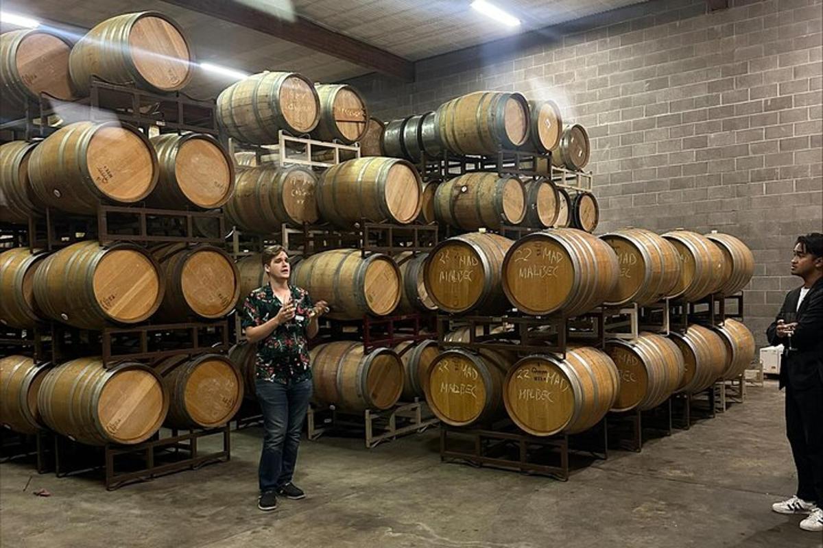 a woman standing in front of a stack of wine barrels