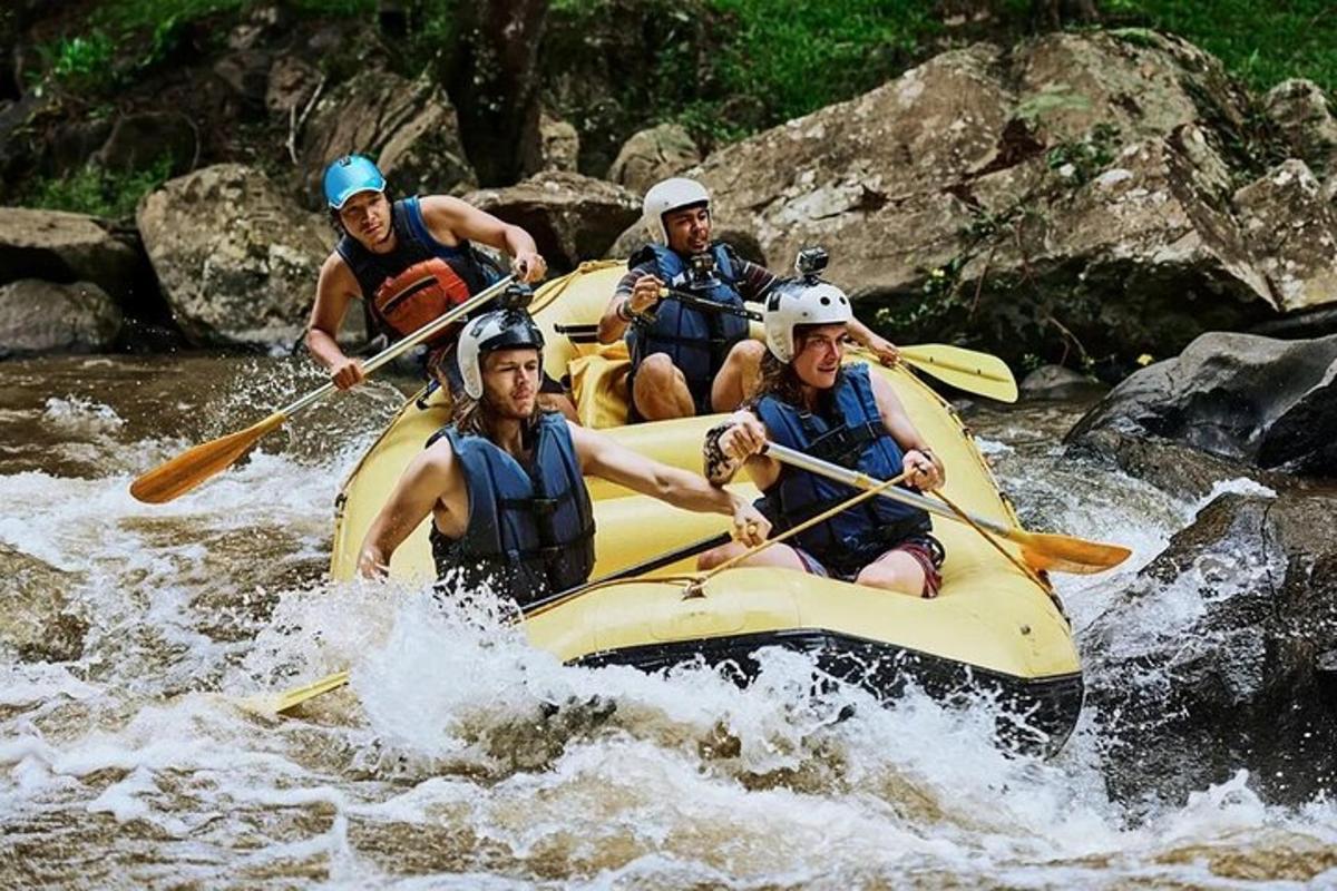 um grupo de pessoas está fazendo rafting em um rio