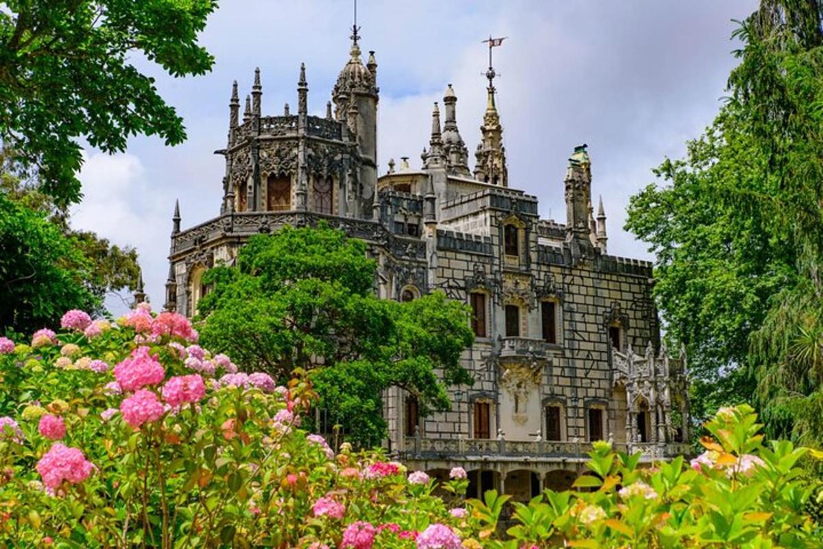an old castle with pink flowers in front of it