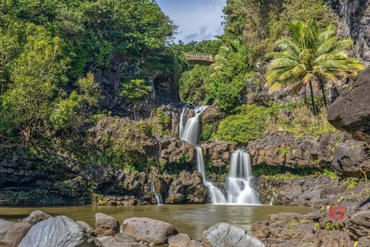 a waterfall in a park with rocks and trees