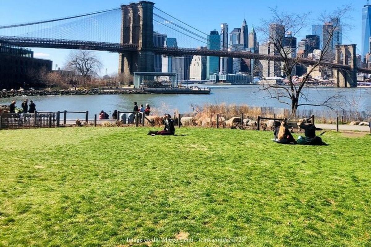 köprülü bir parkta çimlerde oturan insanlar