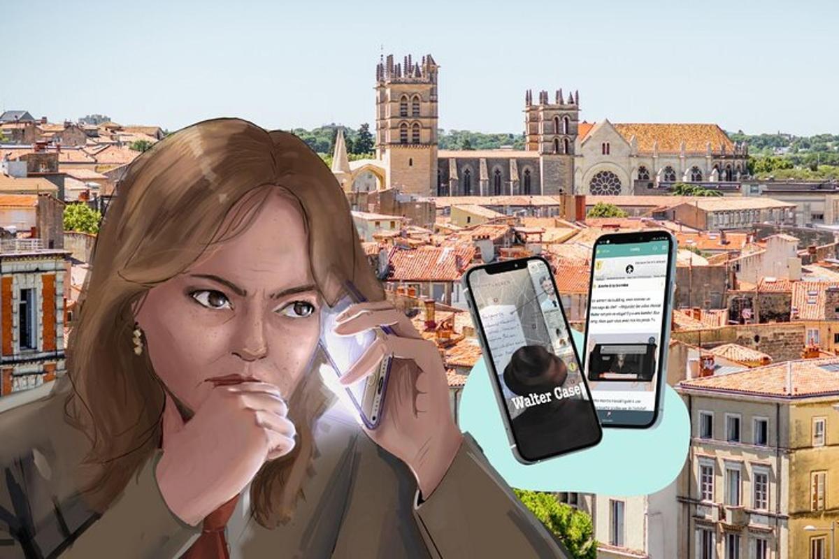 žena držící dva mobilní telefony před městem
