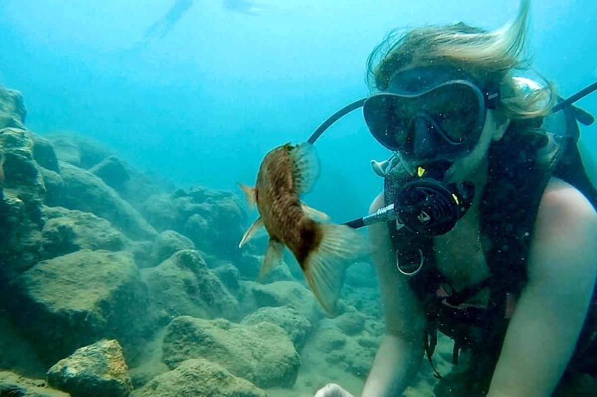 a woman with a camera taking a picture of a fish