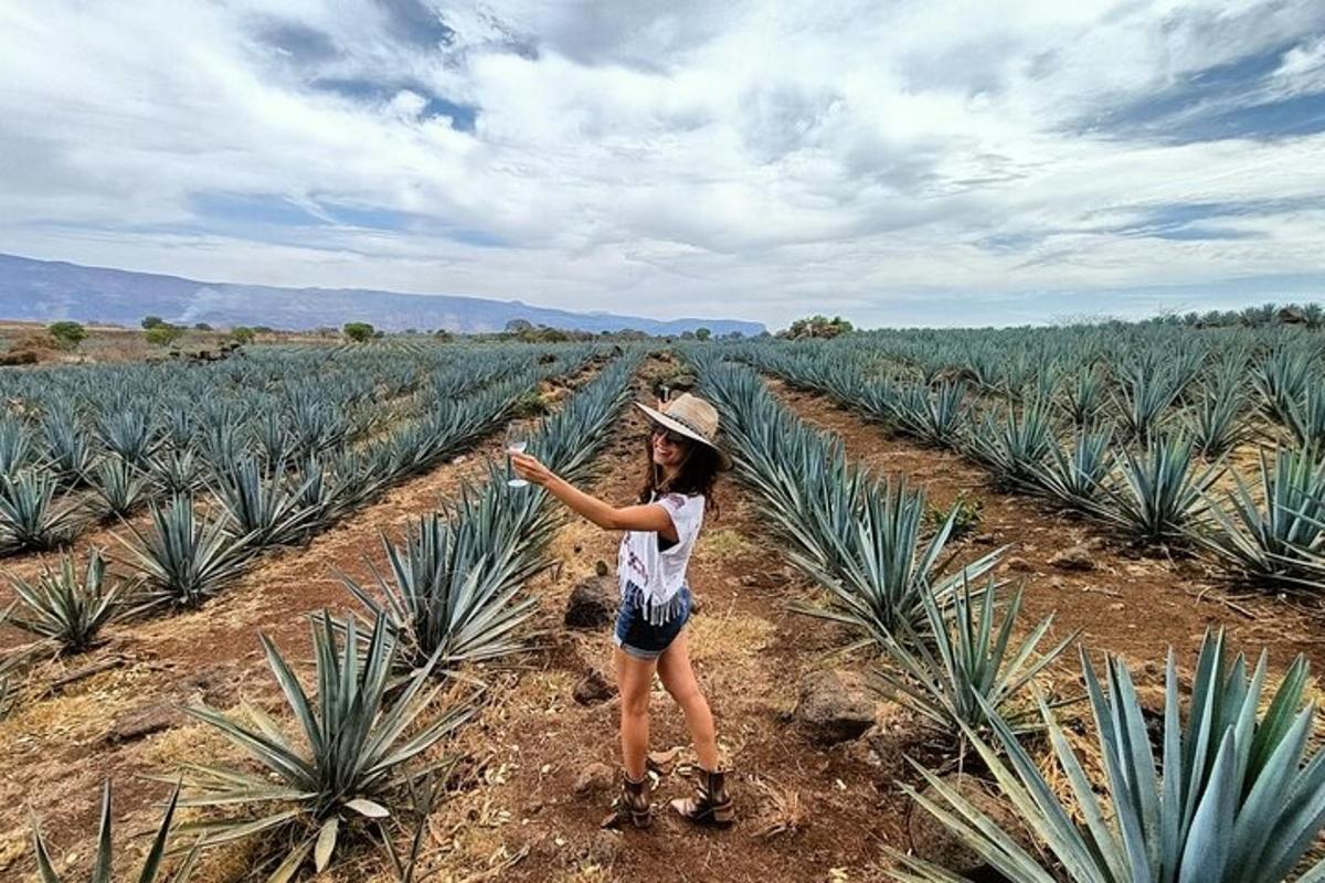 una donna che indica una piantagione di palme