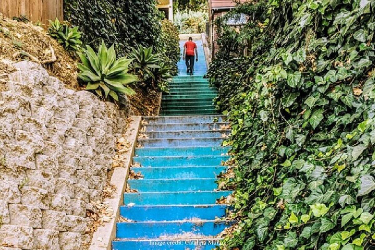 una persona che scende una scala con gradini blu
