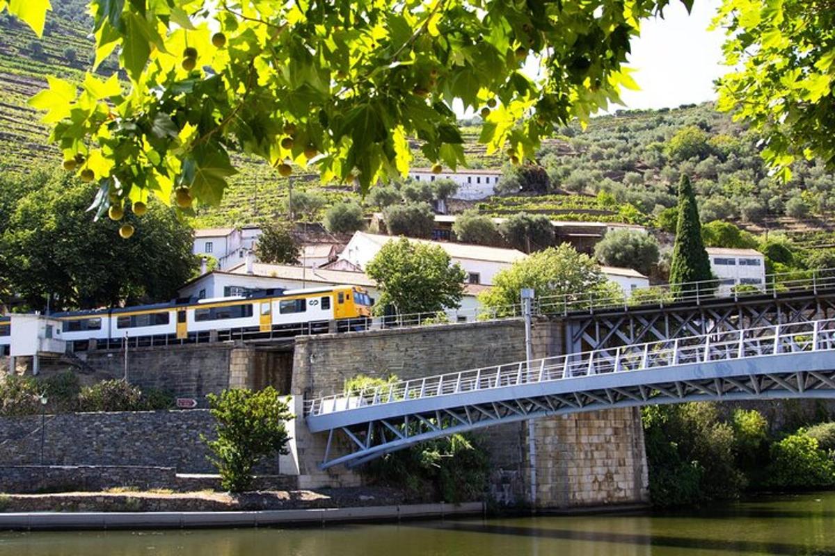 a train on a bridge over a river