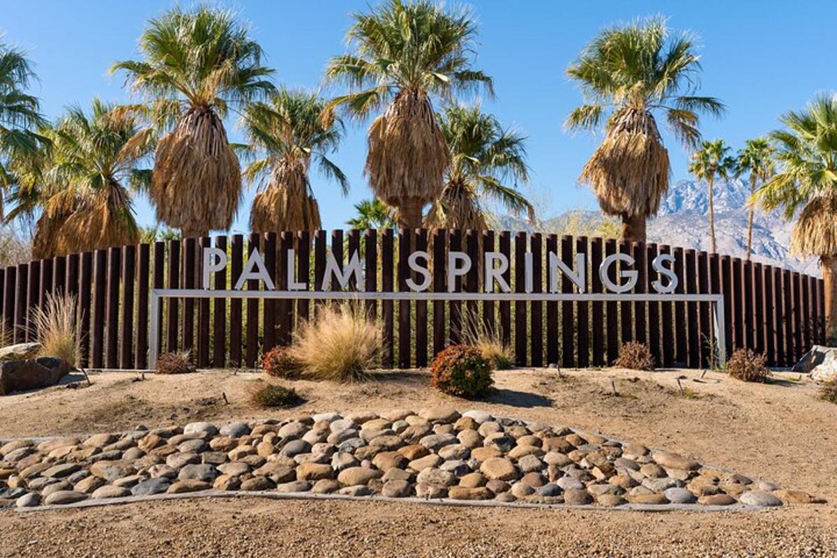 cedule s nápisem Palm Springs a palmami v pozadí