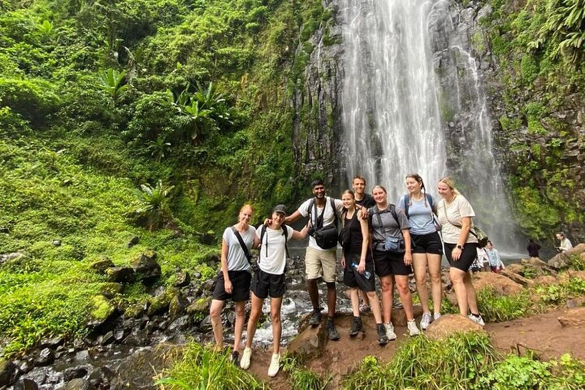 sekumpulan orang berdiri di hadapan air terjun
