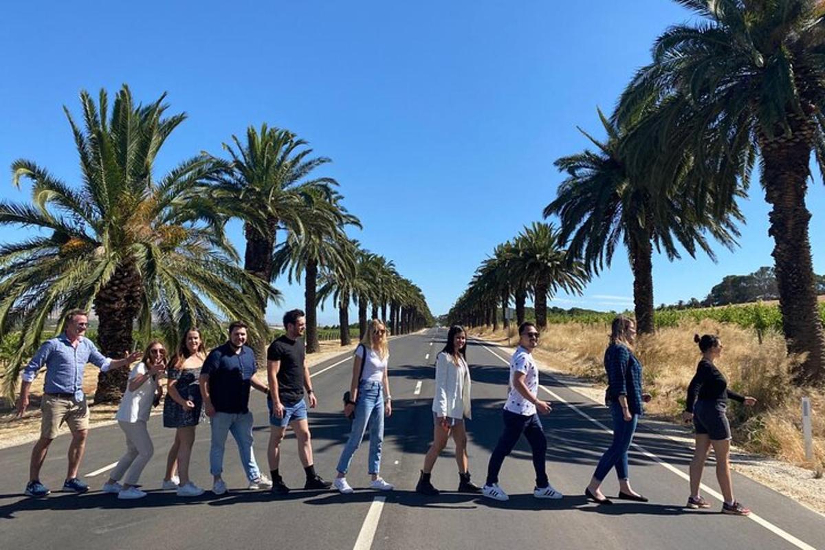 a group of people crossing a road with palm trees