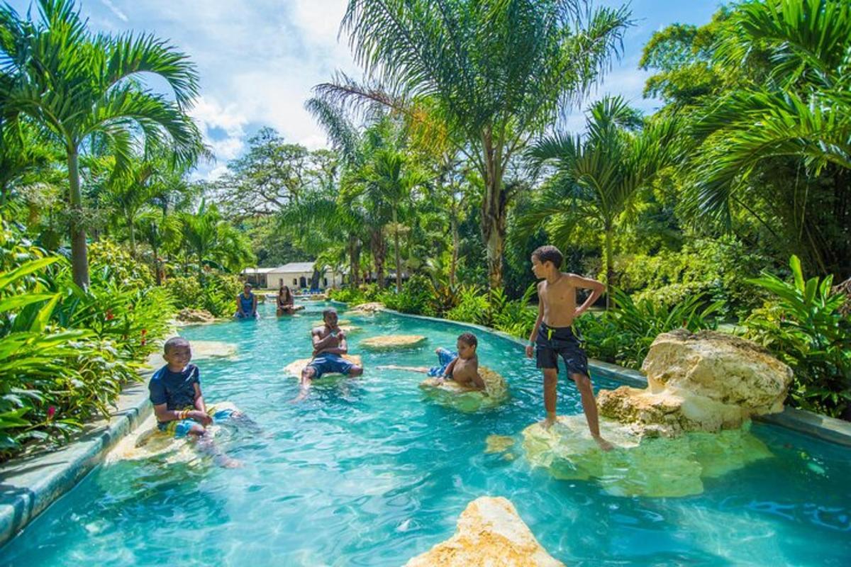 bir tatil beldesindeki havuzda bulunan bir grup insan