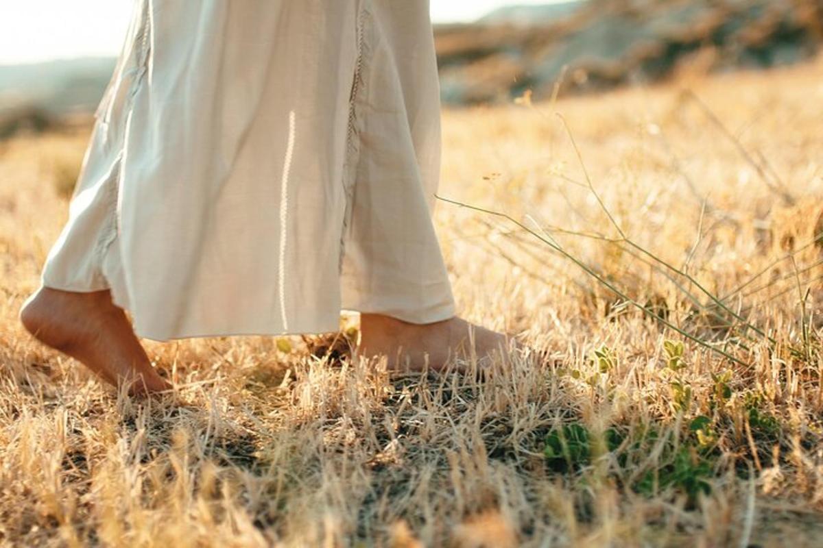 una persona caminant per un camp d'herba alta